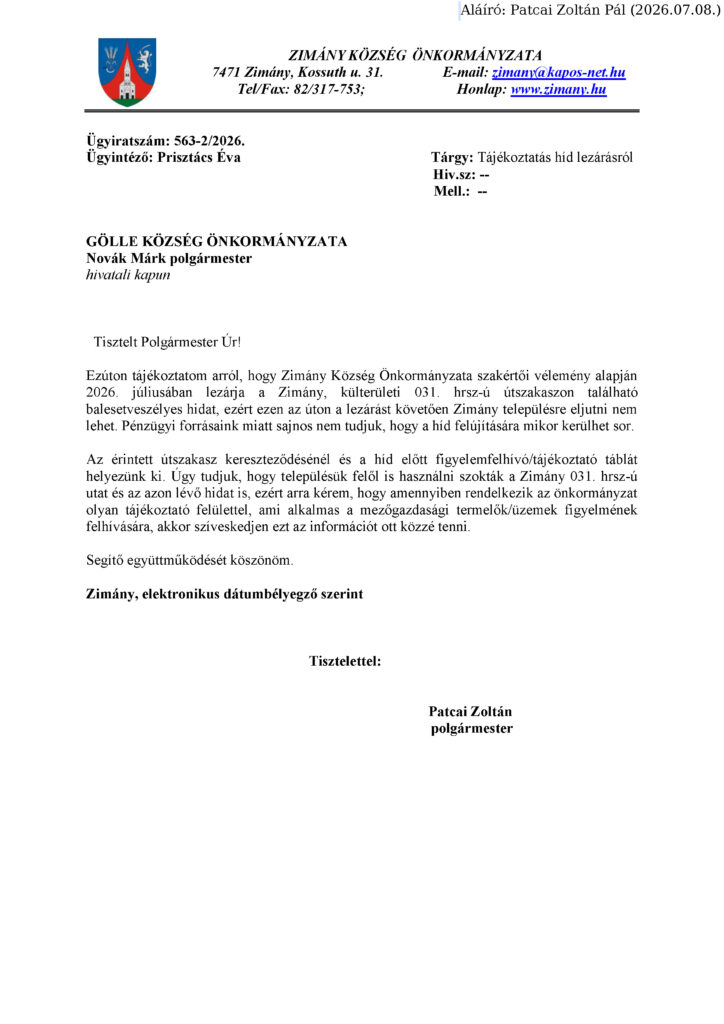 Tájékoztatás híd lezárásról